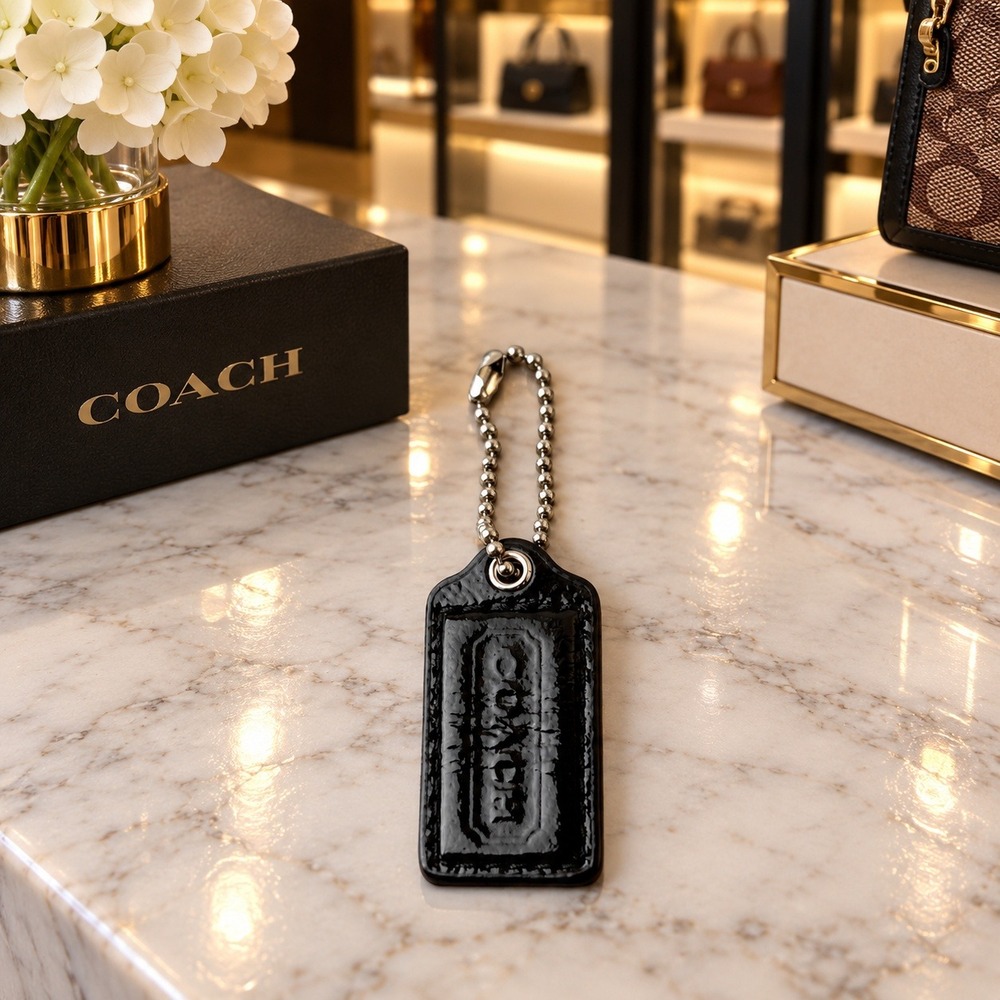 Coach Hangtag Replacement Black Patent Leather Charm Silver Ball Chain